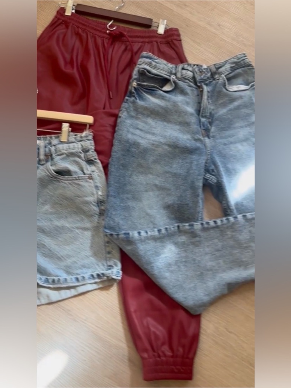Zara Washed Denim High-Rise Jean Shorts in Light Blue, Zara red pants , HM